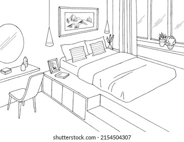 Bedroom graphic black white home interior sketch illustration vector 