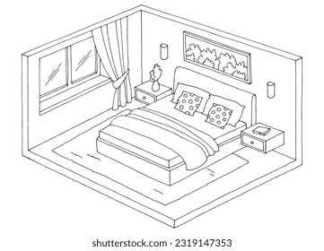 Esbozo interior del hogar blanco negro gráfico del dormitorio ilustración aislada vector 