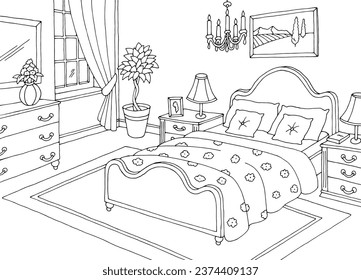 Bedroom graphic black white home interior sketch illustration vector 