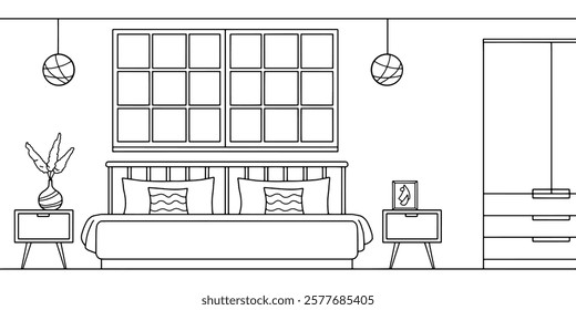 Bedroom graphic black white home interior sketch illustration vector 