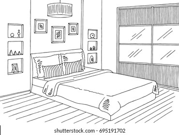 Bedroom graphic black white interior sketch illustration vector