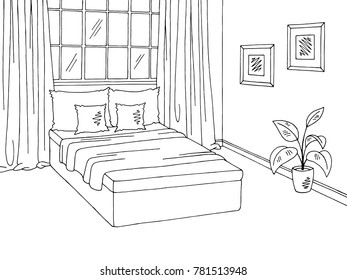 Bedroom graphic black white interior sketch illustration vector