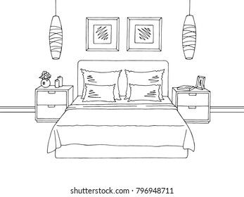 Bedroom graphic black white interior sketch illustration vector