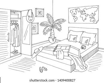 Bedroom graphic open bag black white home interior sketch illustration vector