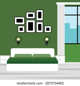 Bedroom in green tones. Discreet modern bedroom