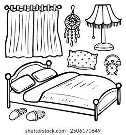 Bedroom hand drawn doodle. Bed, curtains, night light. Interior design of a sleeping room. Time to sleep. Good night. Vector outline line art illustration.