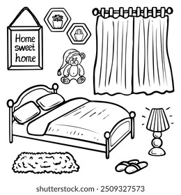 Bedroom hand drawn doodle. Bed, curtains, night light. Interior design of sleeping room. Time sleep. Good night. Vector outline line art illustration.