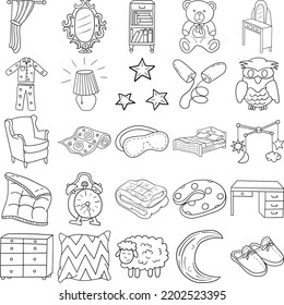 Bedroom Hand Drawn Doodle Line Art Outline Set Containing Bed, Carpet, Cushion, Blanket, Slippers, Alarm clock, Chest of drawers, Curtain, Lampshade, Mirror, Desk, Bookshelf, Dressing table, Teddy