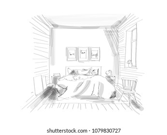 bedroom hand drawn vector illustration. interior design rendered sketch. 