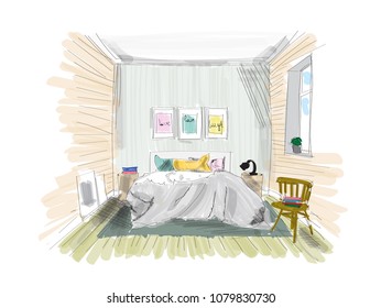 bedroom hand drawn vector illustration. interior design rendered sketch. 