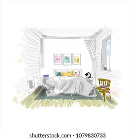 bedroom hand drawn vector illustration. interior design rendered sketch. 