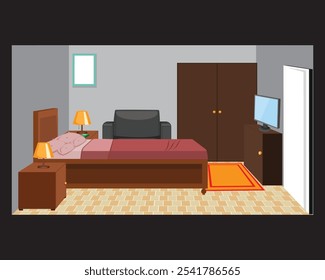 Bedroom home interior bed couch TV cabinet wall vector design