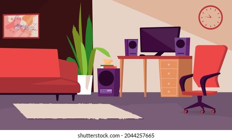 Bedroom and home office interior concept in flat cartoon design. Sofa, table and desktop, speakers, chair, carpet and decor in room. Male apartment inside. Vector illustration horizontal background