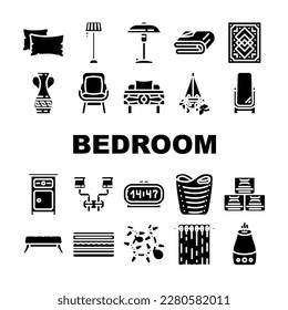 bedroom house home bed interior icons set vector. furniture room, bathroom design, kitchen equipment, building tools, lamp bedroom house home bed interior glyph pictogram Illustrations