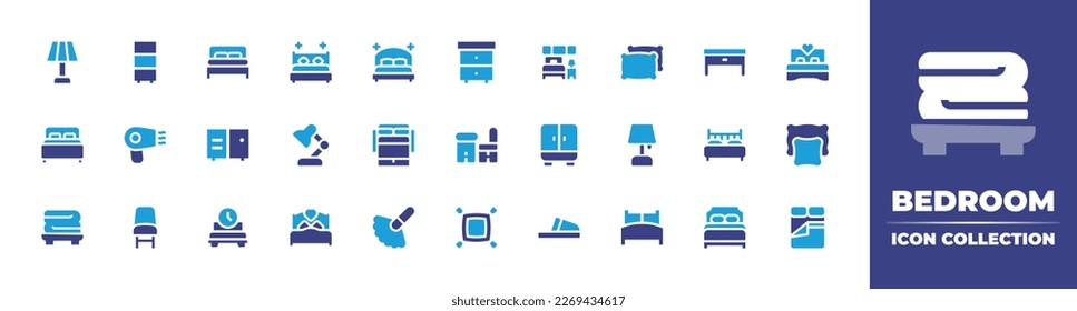 Bedroom icon collection. Duotone color. Vector illustration. Containing lamp, bedroom, bed, pillow, double bed, hair dryer, side table, table lamp, sofa bed, desk, wardrobe, pillows, towels, chair.