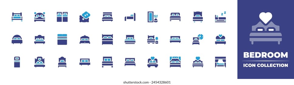 Icono de dormitorio colección. Color duotono. Ilustración vectorial. Conteniendo cama, dormitorio, cama doble, cama individual, cama con dosel, espejo.