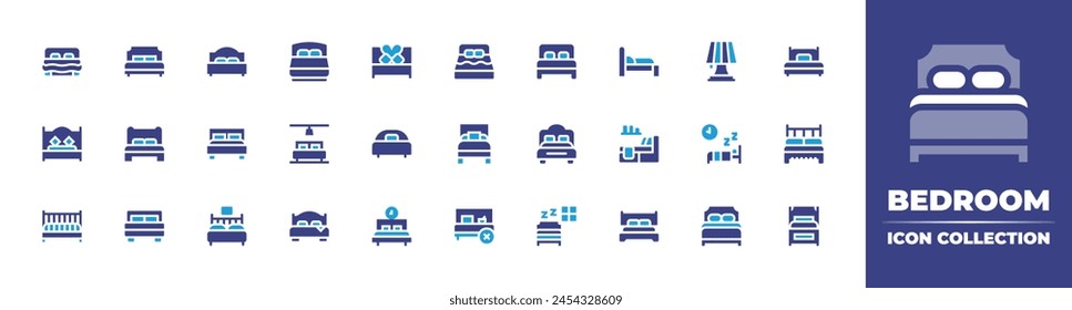 Bedroom icon collection. Duotone color. Vector illustration. Containing bed, bedding, double bed, bedroom, no food in bedrooms, lamp, sleep, queen bed, sleeping, cradle.