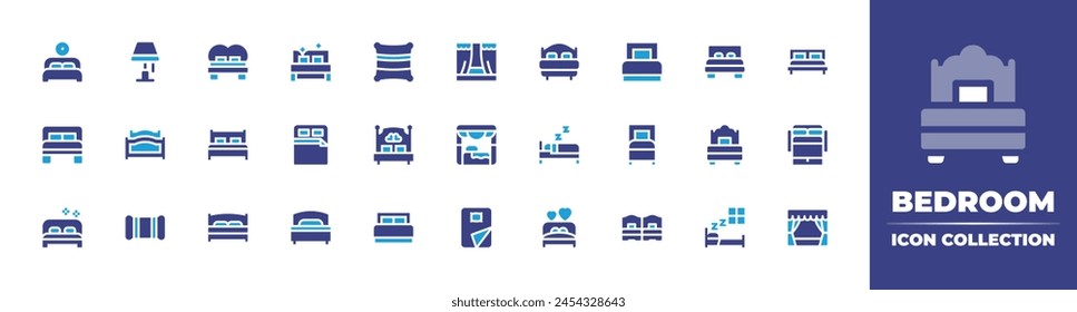 Bedroom icon collection. Duotone color. Vector illustration. Containing single, bed, bedroom lamp, bedroom, bed pillows, double, sofa, pillow, sleeping, theater, stage, sleep, cover.