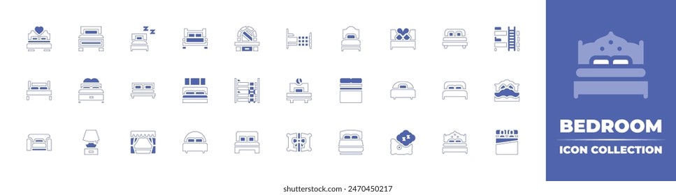 Bedroom icon collection. Duotone style line stroke and bold. Vector illustration. Containing bed, double bed, bedroom, single, theater, dressing table, sofa, bunk, bedtime, bunk, lamp.