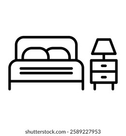 Bedroom icon in line style with editable stroke. The image icon for the bedroom and its furniture uses a line style