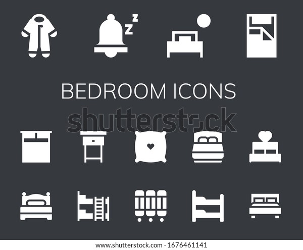 bedroom icon set. 14 filled bedroom\
icons.  Simple modern icons such as: Pijama, Snooze, Bed, Double\
bed, Bunk bed, Nightstand, Room divider,\
Pillow