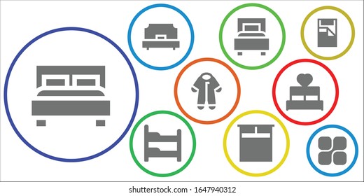 Schlafzimmersymbol gesetzt. 9 gefüllte Schlafzimmersymbole. Inbegriffen Doppelbett, Einzelbett, Bett, Koffer Pijama, Mozy Symbole