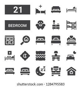bedroom icon set. Collection of 21 filled bedroom icons included Real estate, Tv table, Sleep, Bed, Bedside table, Pillow, Medical bed, Single bed, Furniture, Bunk bed, Nightstand