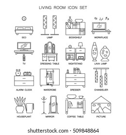 Bedroom icon set. Collection of high quality outline pictograms of element for bedroom's interior. 16 vector line elements for web design or mobile app. Button and symbols for design visit card, logo.