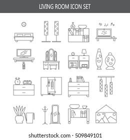 Bedroom icon set. Collection of high quality outline pictograms of elements for bedroom's interior. 16 vector line elements for web design, mobile app. Buttons and symbols for design visit card, logo.