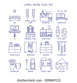 Bedroom icon set. Collection of high quality outline pictograms of element for bedroom's interior. 16 vector line elements for web design or mobile app. Button and symbols for design visit card, logo.