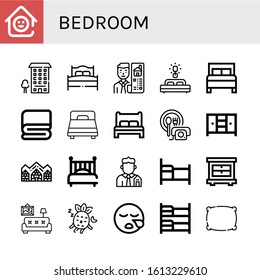 bedroom icon set. Collection of Laugh room, Apartment, Bed, Real estate, Cover, Room service, Closet, Hotel de glace, Living room, Sleeping, Bunk bed, Pillow icons