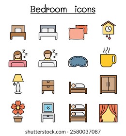 Bedroom icon set in color line style