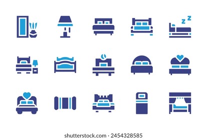 Bedroom icon set. Duotone color. Vector illustration. Containing bedroom lamp, pillow, bed, double bed, single bed, bedtime, mirror.