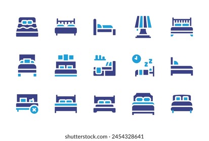 Bedroom icon set. Duotone color. Vector illustration. Containing bed, bedding, bedroom, double bed, no food in bedrooms, lamp, queen bed, sleeping.