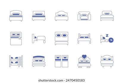 Bedroom icon set. Duotone style line stroke and bold. Vector illustration. Containing bed, bedroom, double, hotel, bunk bed, time, sofa.