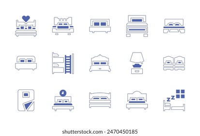 Bedroom icon set. Duotone style line stroke and bold. Vector illustration. Containing bed, single bed, bedroom, sleep, double bed, cover, bunk bed, lamp.