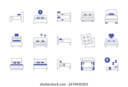 Bedroom icon set. Duotone style line stroke and bold. Vector illustration. Containing bed, bedroom, single bed, sleeping, pillows, theater, double bed, bunk bed.