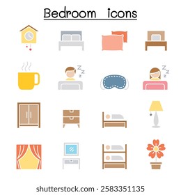 Bedroom icon set  in flat color style