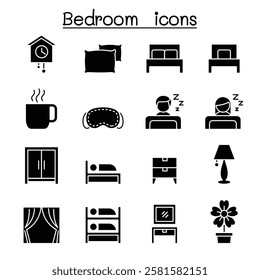 Bedroom icon set in glyph style