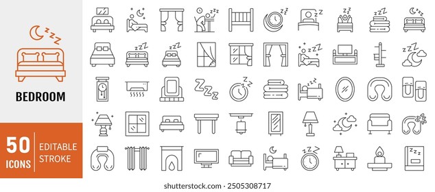 Bedroom icon set. Related to sleep, bedroom, dream, pillow, bed, alarm clock, insomnia, night and rest icons. Vector Illustration