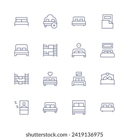 Juego de iconos del dormitorio. Icono de línea delgada. Trazo editable. Con cama doble, cama, litera, sueño, dormir.