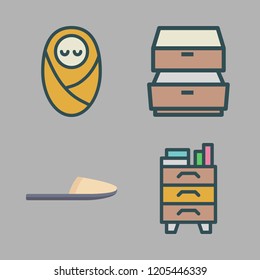 bedroom icon set. vector set about nightstand, baby, drawers and slipper icons set.