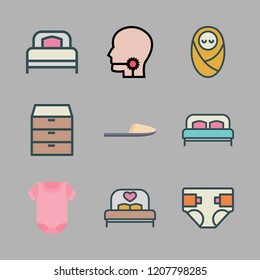 bedroom icon set. vector set about pijama, bed, diaper and baby icons set.