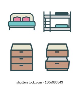 bedroom icon set. vector set about drawers, bunk and bed icons set.