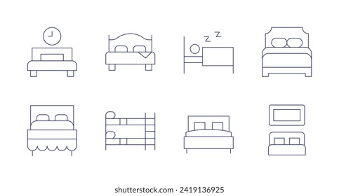 Iconos del dormitorio. Trazo editable. Conteniendo descanso, cama doble, cama, litera, dormitorio.