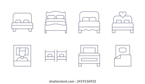 Iconos del dormitorio. Trazo editable. Con cama de matrimonio, sueño, cama, cama individual, futón.