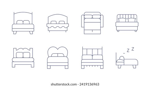 Schlafzimmersymbole. Bearbeitbarer Strich. Mit Doppelbett, Bett, Diwanbett, Schlaf.