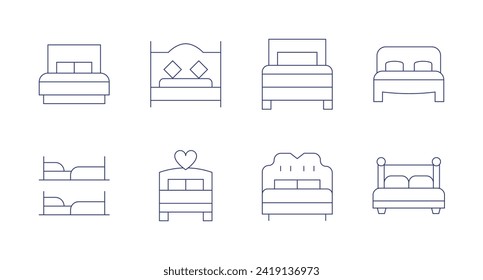 Schlafzimmersymbole. Bearbeitbarer Strich. Dieses Appartement enthält ein Bett, ein Ehebett und ein Doppelbett.