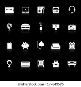 Bedroom icons with reflect on black background, stock vector