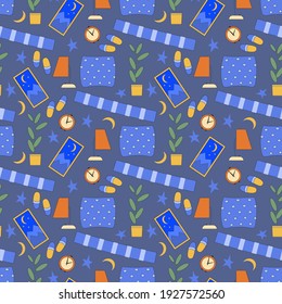 Iconos del dormitorio. Patrón vectorial sin cable con almohadas, zapatillas, lámpara. Patrón de embalaje, papel pintado, tela, decoración de dormitorio